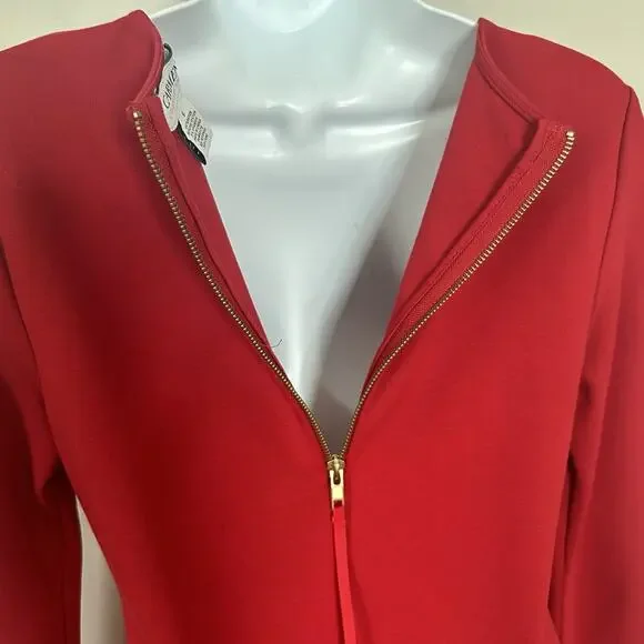 Carmen Marc Valvo Red Top Size S Long Sleeves Peplum Gold Zipper Office - Picture 3 of 5